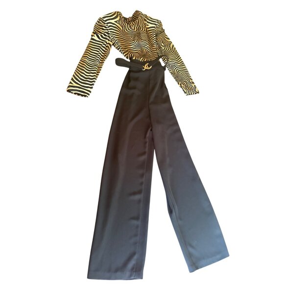 Cache Zebra Print Top & High-Waisted Black Wide-Leg Jumpsuit Size 12 Vintage 90s - Picture 1 of 4